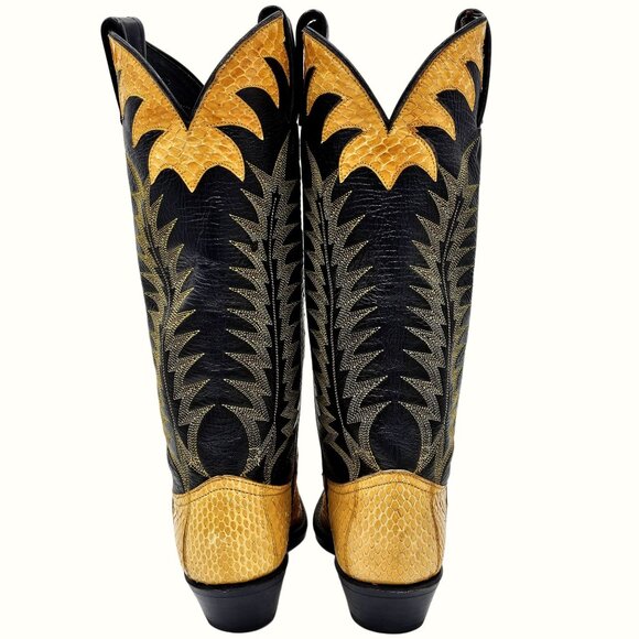 Vintage Tony Lama Exotic Yellow Black Python Snake Cowboy Boots Womens 5 Western - Picture 4 of 15